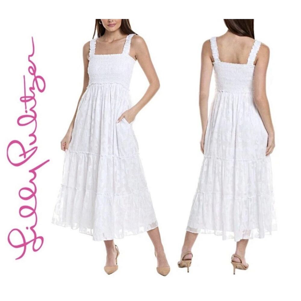 LILLY PULITZER Hadly Smocked Bodice Maxi Dress Resort White Crepe Swirl L $248